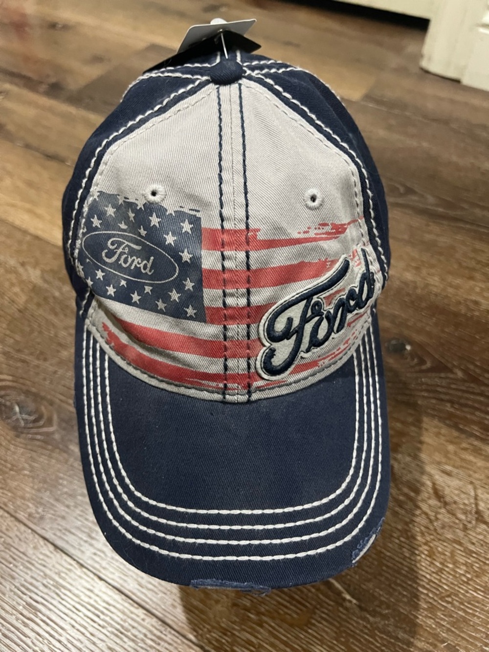 NWT Ford distressed Embroidered American Flag Baseball Cap - Navy & Gray